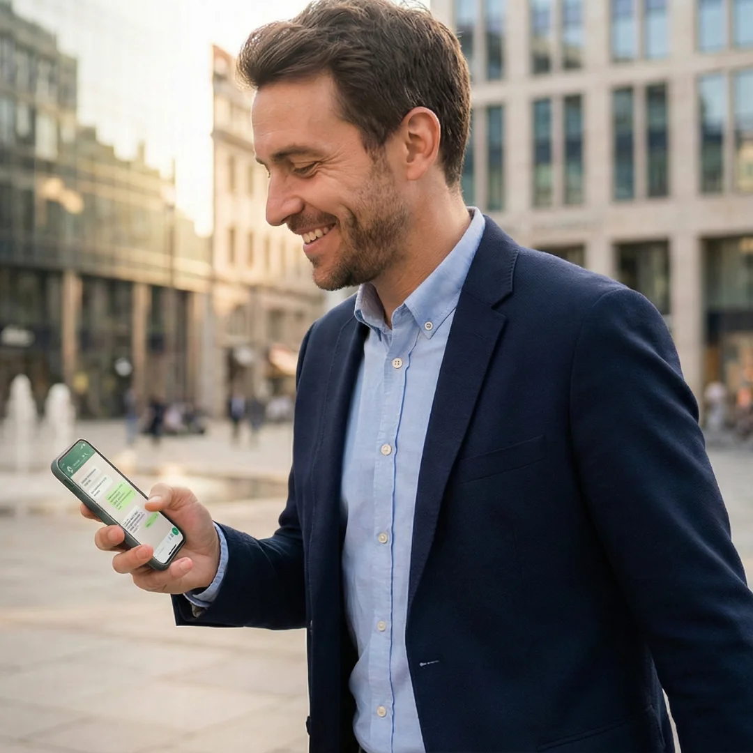 Bărbat profesionist verificând oferte de asigurari online pe WhatsApp de la Top Asigurări
