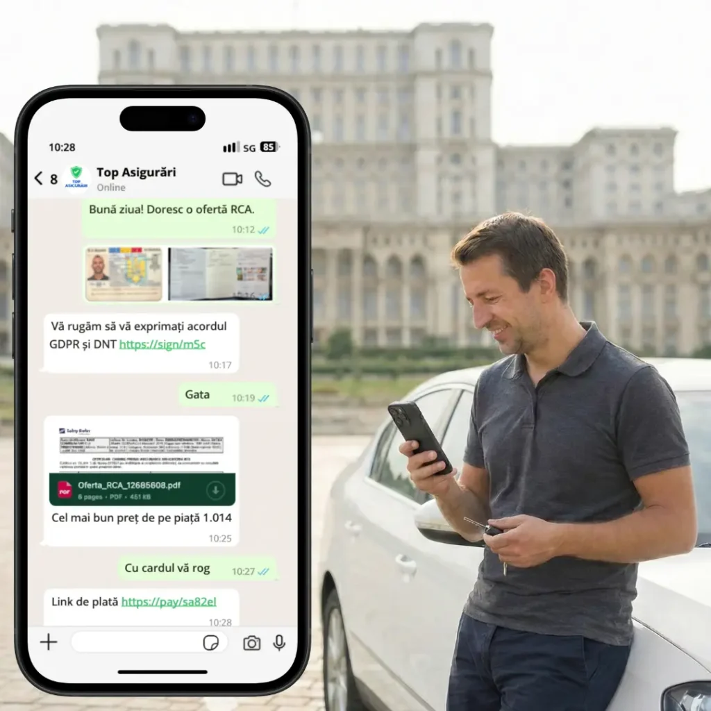 Client care obține o ofertă de asigurare RCA online direct pe WhatsApp catre Top Asigurări, trimițând poze cu documentele auto fără să completeze formulare