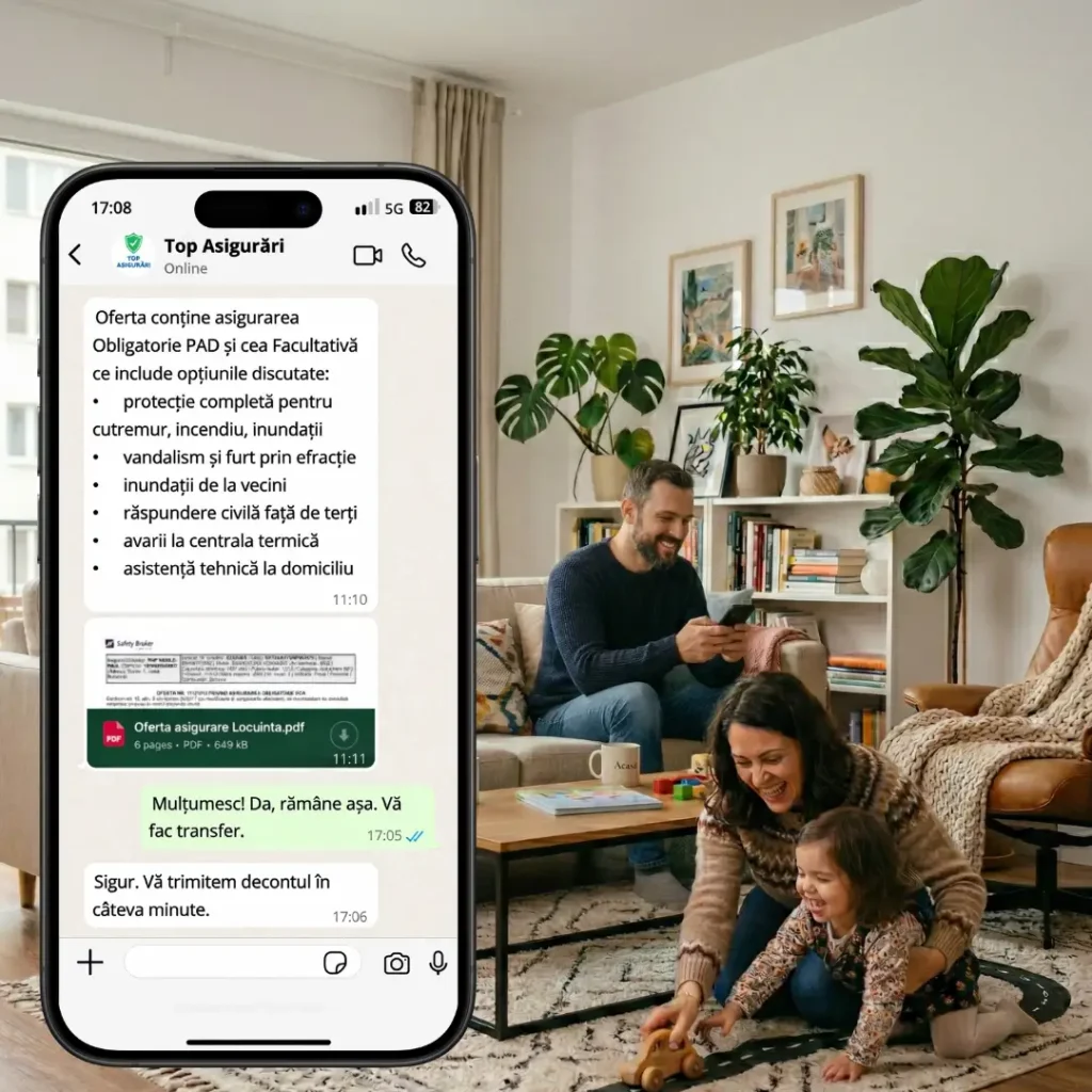 Familie care petrece timp impreuna acasa si tatal cumpara o asigurare de locuinta online pentru protejarea caminului familiei.