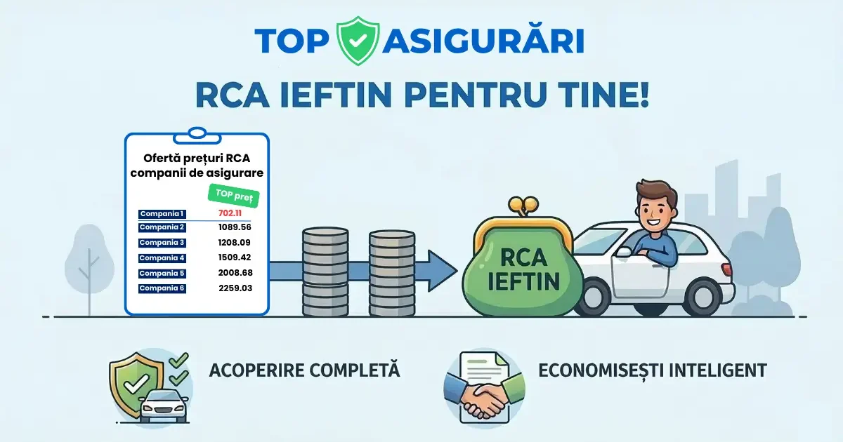 Comparație oferte RCA ieftin 2026 de la multiple companii de asigurări – prețuri reale și cel mai mic preț evidențiat la Top Asigurări
